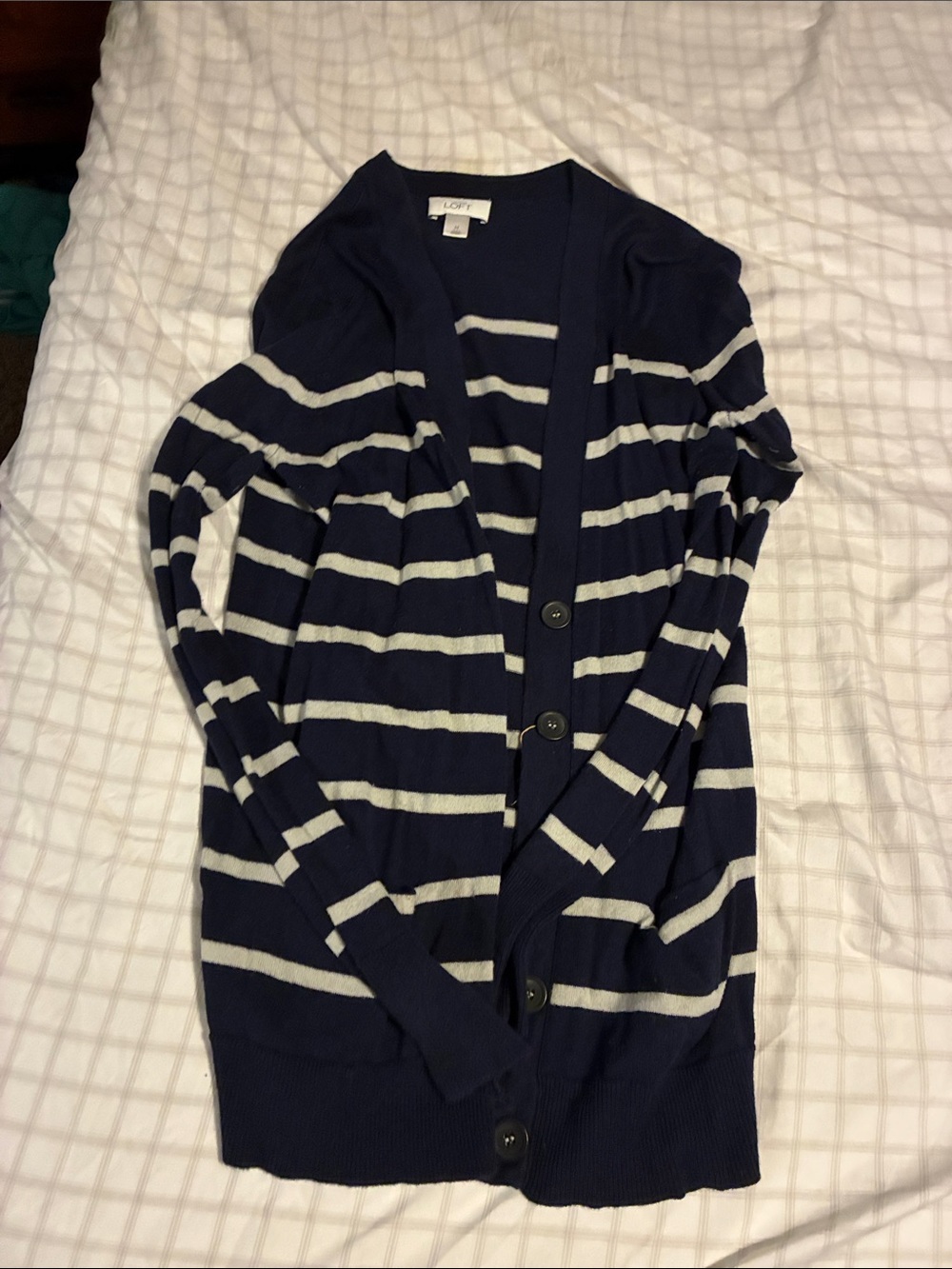LOFT Navy & White Striped Button-Front Cardigan